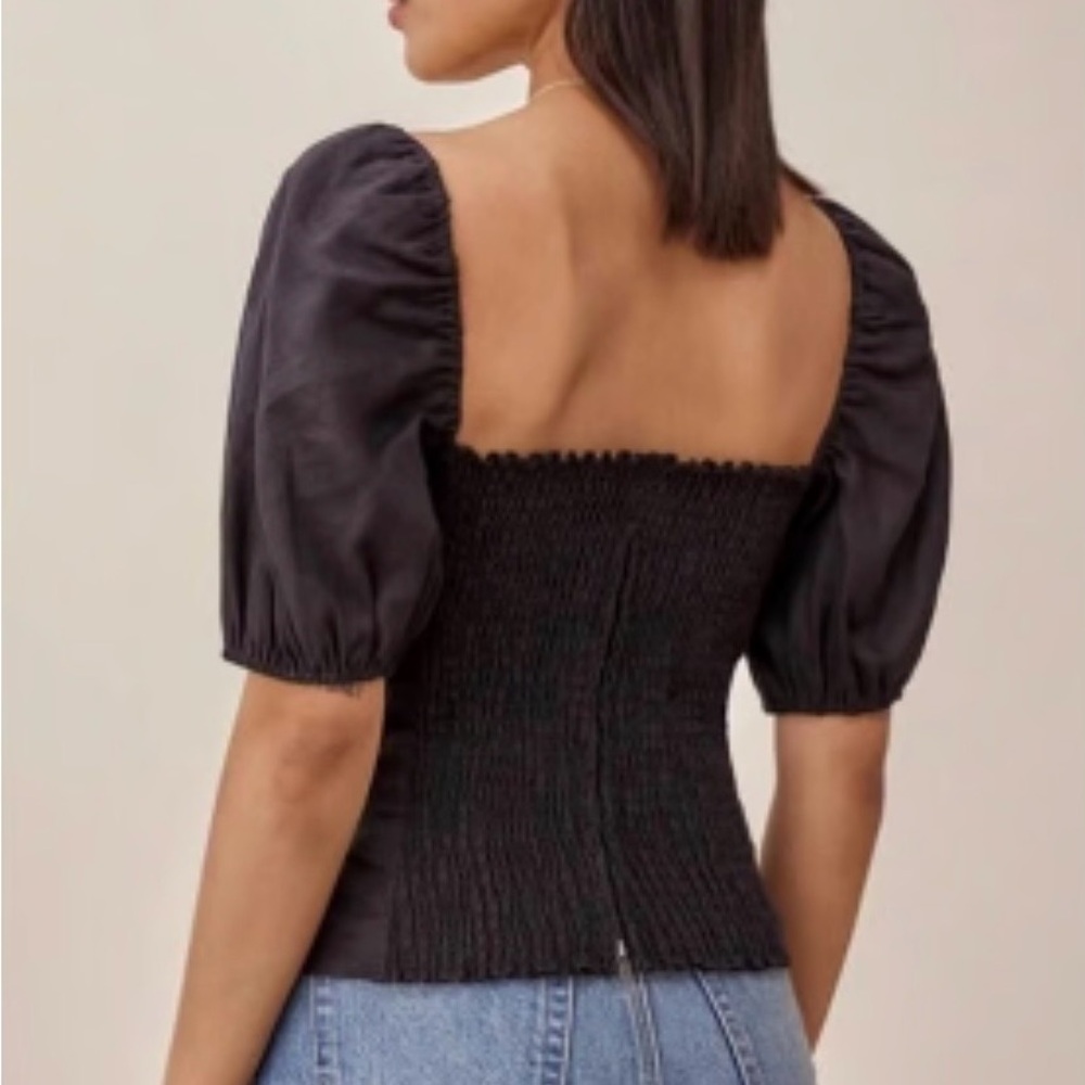 Reformation Sunnie Crop Top in Black Puff Sleeve 100% Linen Size 2 - Picture 2 of 6